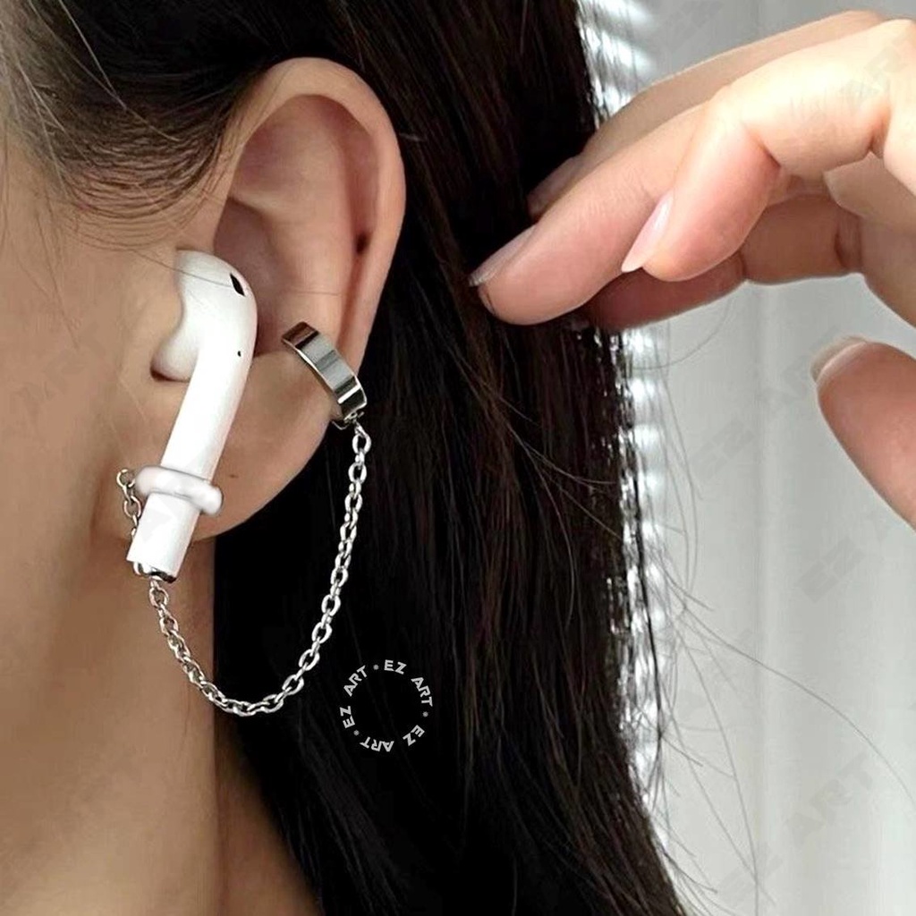 EZPOD ANTING ANTI-HILANG EARPHONE AIRPOD GAYA KOREA KPOP BTS JEPIT TANPA TINDIK PRIA WANITA HITAM SILVER