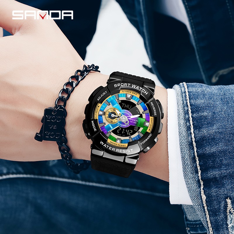 SANDA 9004 Jam Tangan Pria Digital Analog Dual Time World Time Tali Rubber Shockproof Anti Air WATCHKITE WKOS