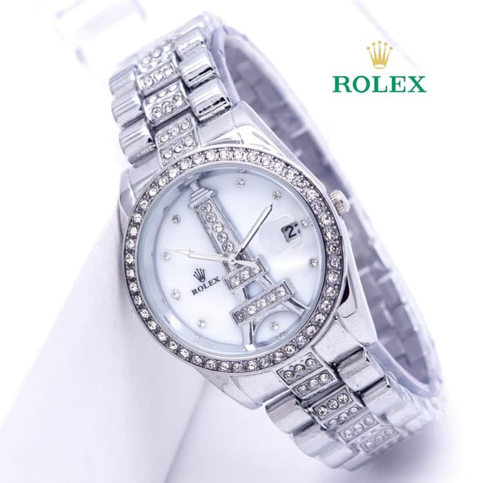 Diskon Jam Tangan Wanita Cewek Rolex Paris rantai Silver White Termurah