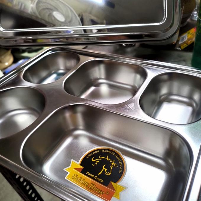 Plato / Food Tray / Piring / Tempat Makan Sekat 5 + Tutup Stainless