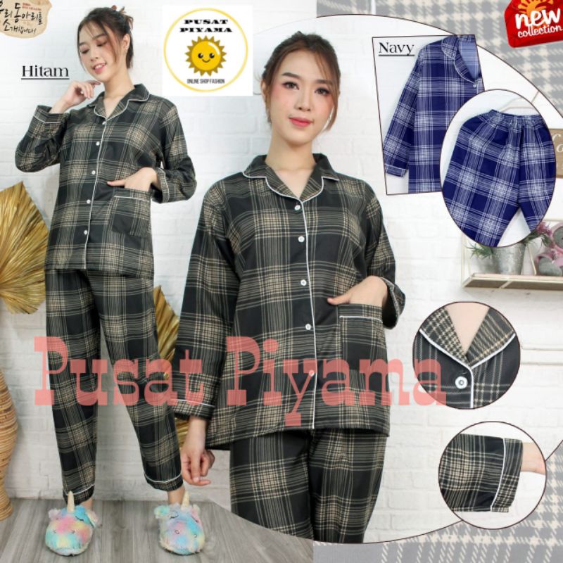 Baju Tidur Cewek Lengan Panjang Motif Kotak Piyama Wanita Kekinian Pajamas Dewasa