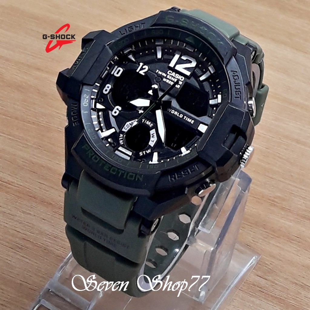 JAM TANGAN PRIA CASIO G-SHOCK GA-100 DUALTIME TALI LORENG HIJAU ABU KW SUPER