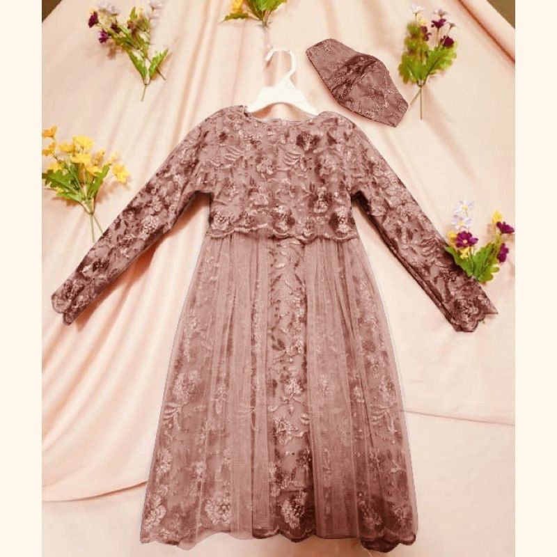 (NEW) BAJU DRESS GAMIS ANAK KIDS FULL BROKAT BRUKAT PESTA KONDANGAN UMROH FREE MASKER IMPORT ANAK WA