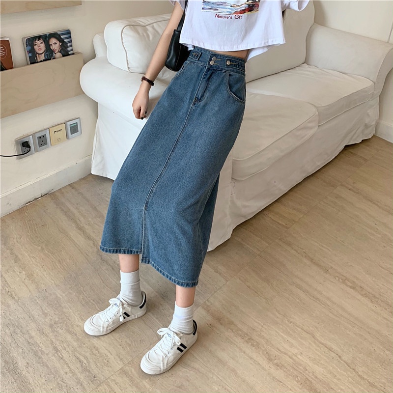 Korean Style Rok Pendek Jeans Wanita /Denim Pinggang Tinggi Rok Panjang