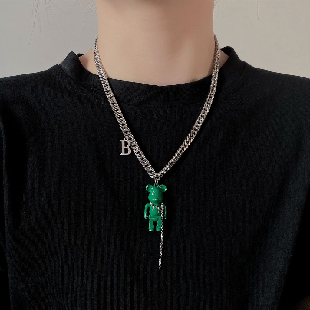 Kalung Rantai Dengan Liontin Kartun Beruang Warna Hijau Gaya Hip-hop