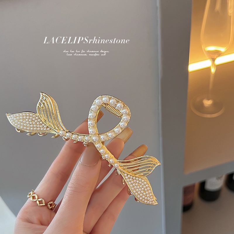 AY(CN) Jepit Rambut Bentuk Ekor Ikan Aksen Kristal Mutiara Warna Gold Silver Untuk Wanita