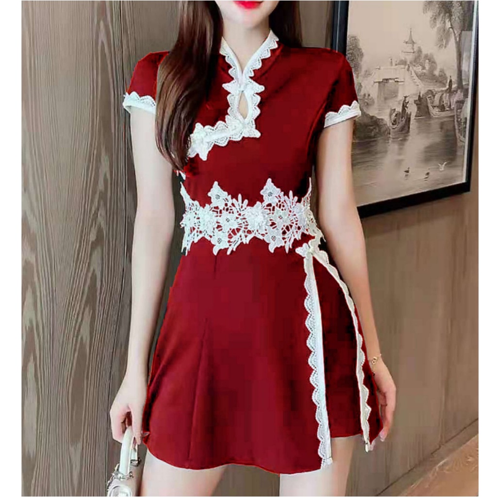 Set Dress Cheongsam Wanita - Party CNY Dress Wanita Lengan pendek import #0230