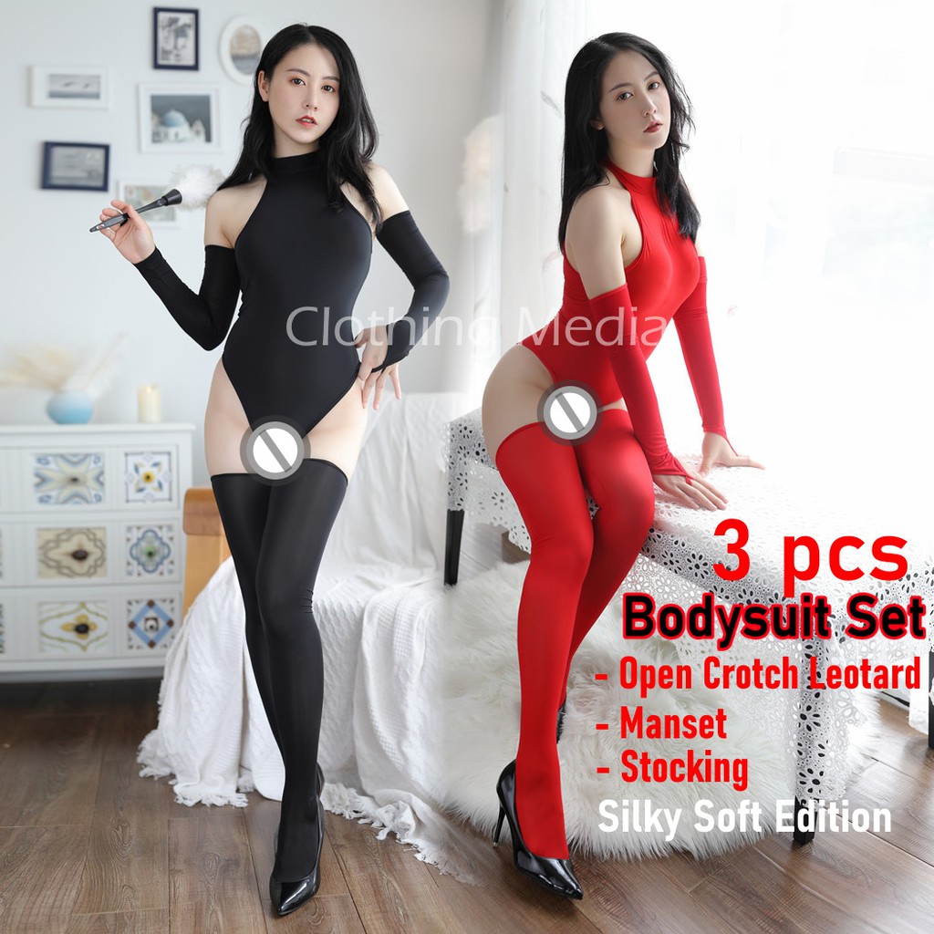 Bodysuit Set Silky Leotard Stocking Manset Tangan Baju Setelan Wedding Turtleneck