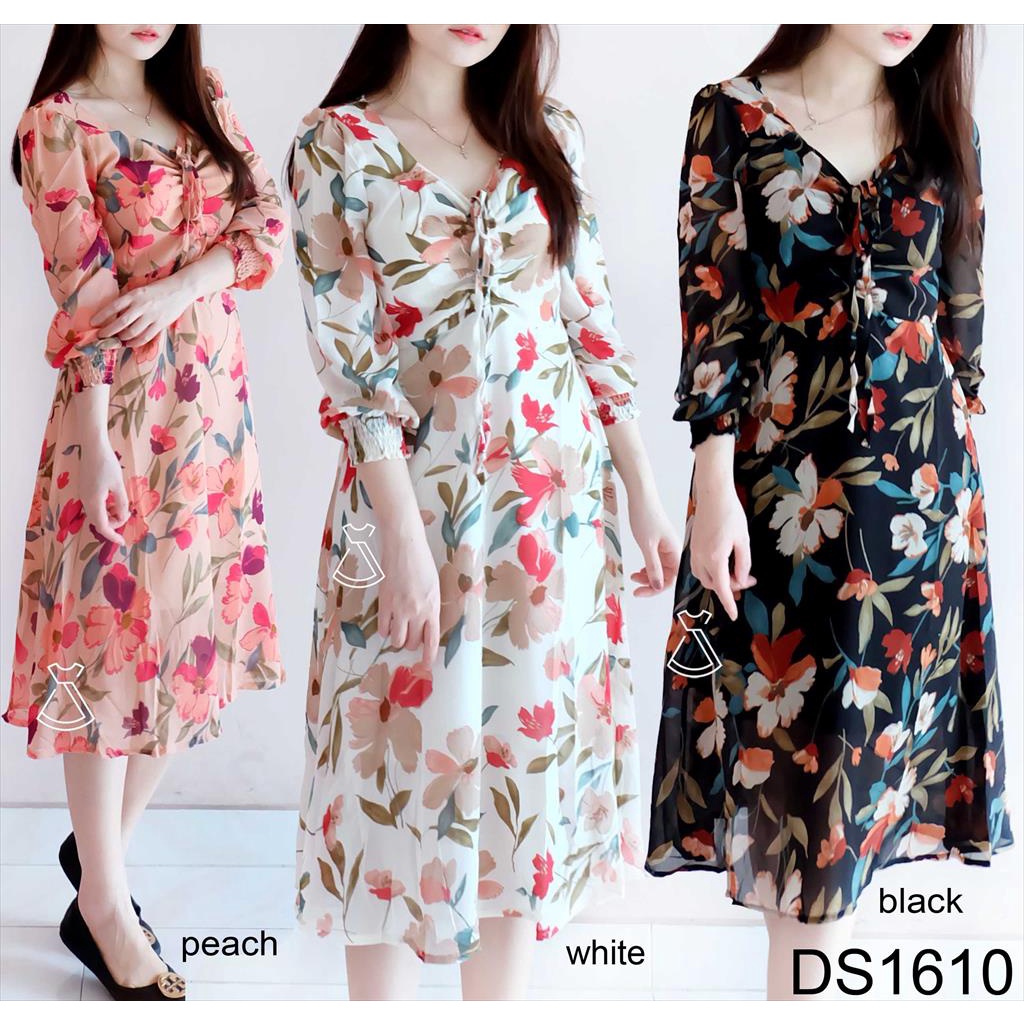 DS1610 - DRESS CASUAL WANITA BASIC FLOWER COMFY PASTEL KOREAN LOOK