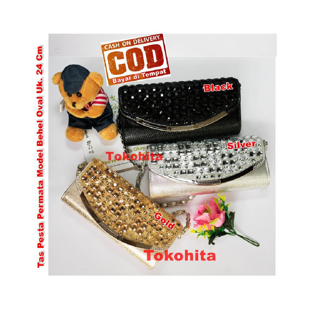 Clutch Permata Oval Mewah Tas Pesta Mewah TH - Hitam