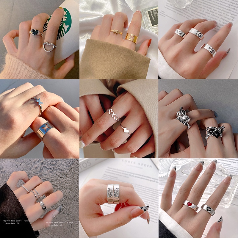 YEEZII 8pcs / Set Cincin Desain Butterfly Hati Warna Emas Silver Gaya Retro Untuk Wanita