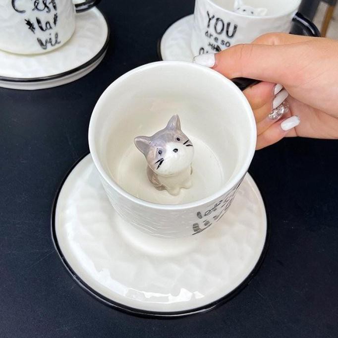 HOME DECOR Gelas Cangkir UnikMotif Kucing Keramik Cute Cat Mugs 3D - Kucing Abu