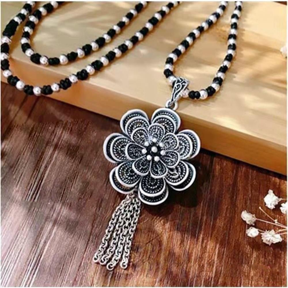 Kalung Rantai Manik-Manik Liontin Abacus Lotus Tibet Etnik Nepal Vintage Warna Silver Untuk Pria Dan Wanita