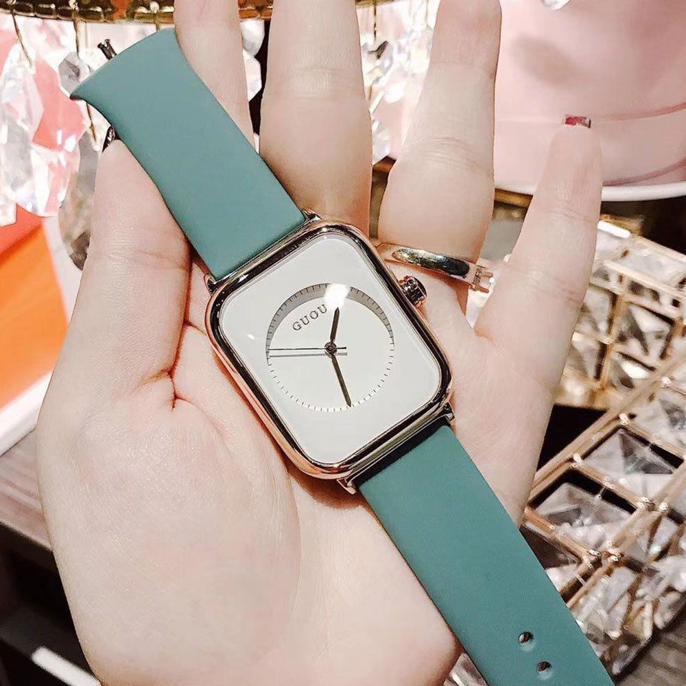 【Ready】100%ORI【COD】【GUOU Watch 】Jam tahan air  2022 Baru Jelly Desain Kecil Square Watch Waterproof Women's Watch Wanita Jelly menonton tali karet wanita menonton Korea menonton fashion women's Watch-Putih hijau ringan