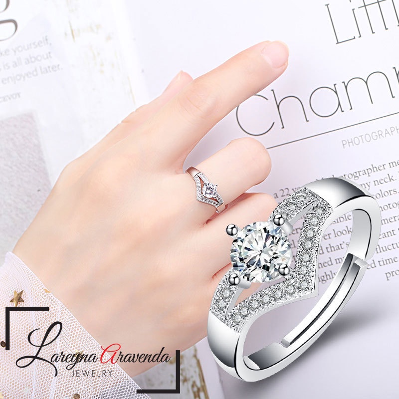 Cincin Korea Wanita Perak S925 Ring Model V Kristal Crystal Mewah CC010