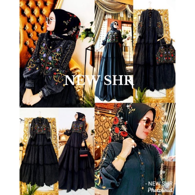 100% ORI NEW DRESS MAXI SHR ROMPI JEANS BORDIR SNOW WASH HITAM SYAHIRA