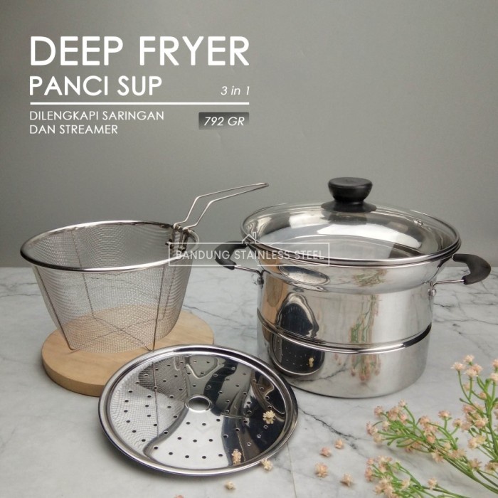 Panci 3in1 Deep Fryer Penggorengan Panci Goreng Kukus Steamer Frying Panci Kentang Multi Pot