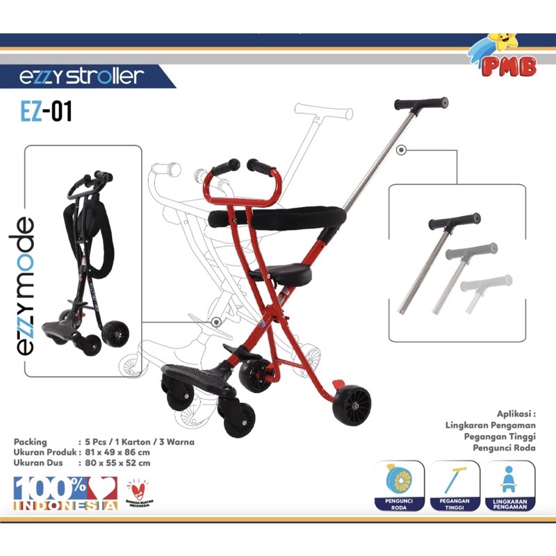 Stroller Anak PMB Ezzy EZ01 EZ02 Kereta Dorong Balita Trike Sepeda Anak Lipat SNI Garansi-1