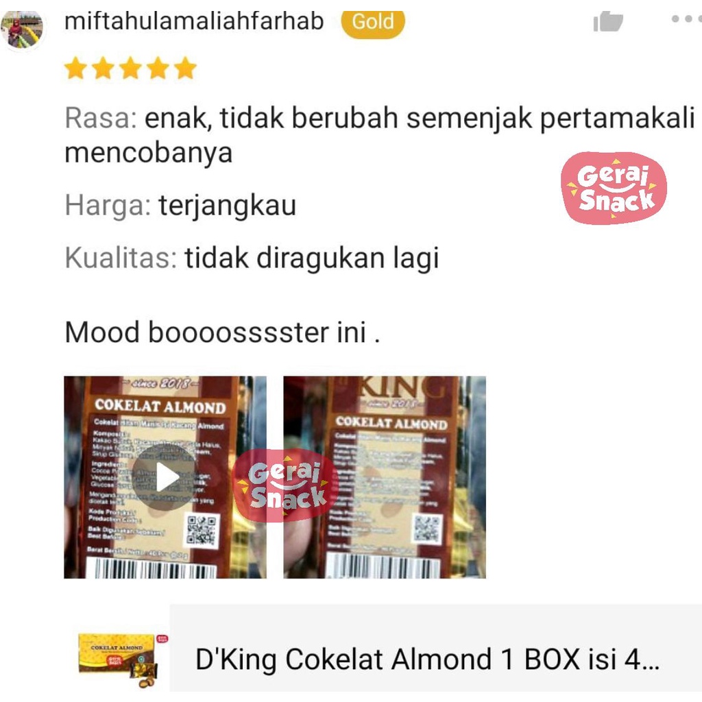 D'King Cokelat Almond 1 POUCH Cokelat Hitam Manis Isi Kacang Almond 40pcs