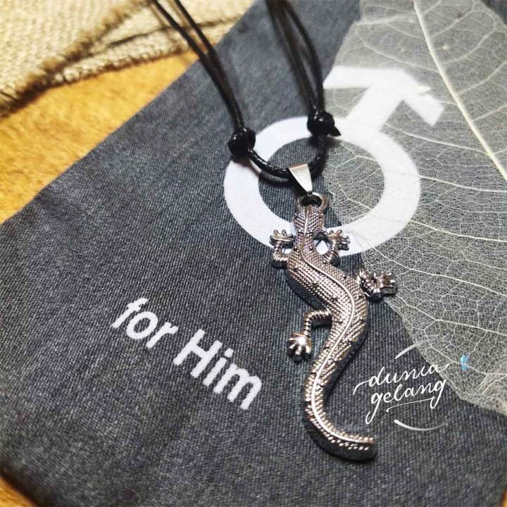 Kalung Cicak Silver Titanium Stainless Steel Besi Baja Pria Wanita Couple Sirkon Anti Karat