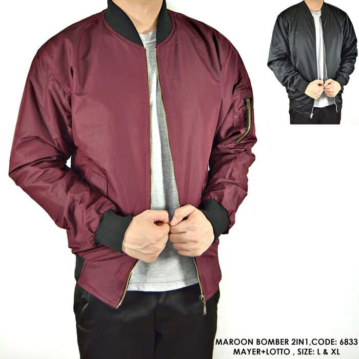 JAKET BOMBER MERAH MARUN POLOS COWOK PRIA - Maroon- L Keren