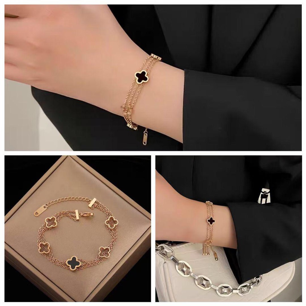 Gelang Tangan Wanita Lv  Black Rosegold Titanium Anti Karat&Luntur