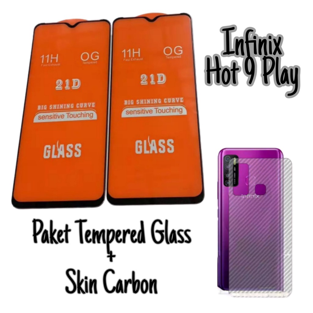 Tempered Glass Infinix Hot 9 Play Paket Back Skin Carbon Transparant