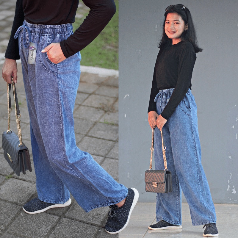 Celana Kulot Jeans Wanita Highwaist Loose Allsize Terlaris-BIRU tali standar