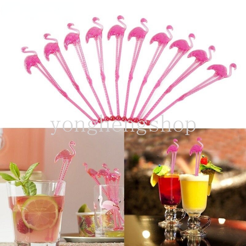 10pcs / set Stik Pengaduk Minuman Jus / Kopi / Cocktail Bentuk Flamingo Untuk Pesta