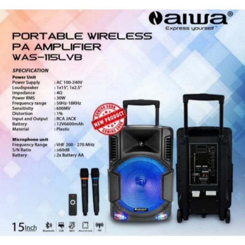 DOSTRIBUTOR SPEAKER PORTABLE BLUETOOTH AIWA 15 INCH WAS 115 LVB