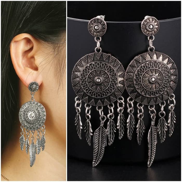 Anting Tusuk Perak Silver Etnik India Tassel Panjang Hijab Korea Boho