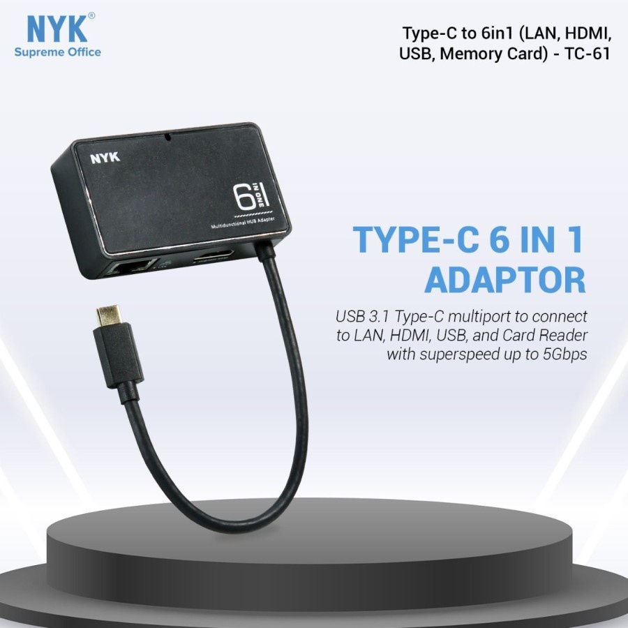NYK TC-61 Type C To 6 in 1 LAN + HDMI + USB 3.0 2 Port  + Card Reader