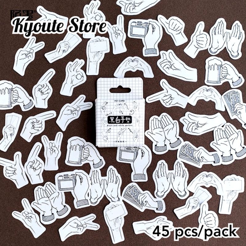 

45 pcs Sticker Hand Sign Language Sketch Monochrome Scrapbook DIY Journal Planner Deco