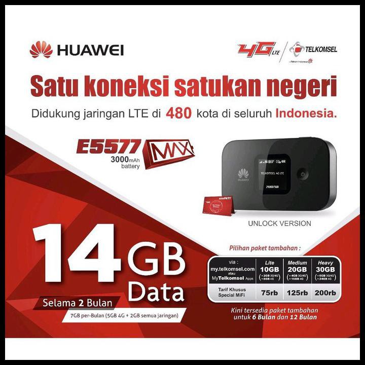 Huawei E5577 Max Modem Wifi Router 4G Free Telkomsel 14Gb - Max