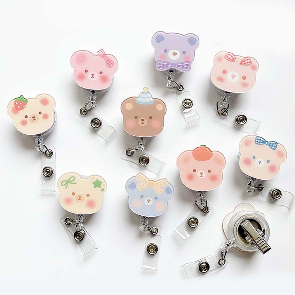 Mxbeauty Retractable Badge Reel Candy Color Kartun Korea Buah Name Tag Perlengkapan Kantor Perawat Dokter Perlengkapan Sekolah Stationery Bear Name Card Holder