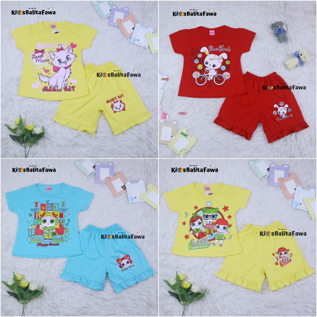 Setelan Shafa Anak 1-2 Tahun / Kaos Cewek Lengan Celana Pendek Baju Perempuan Karakter Export