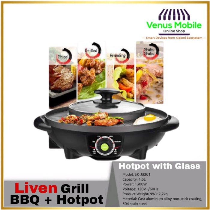 LIVEN Electric Grill with Hot Pot with Glass 1300W 120V