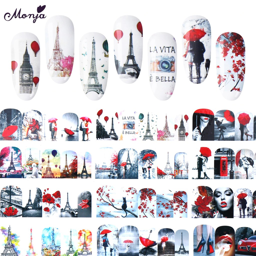 

Monja 12 Lembar Nail Art Maple Menara Eiffel Maple Pola Desain Penutup Penuh Air Transfer Foil