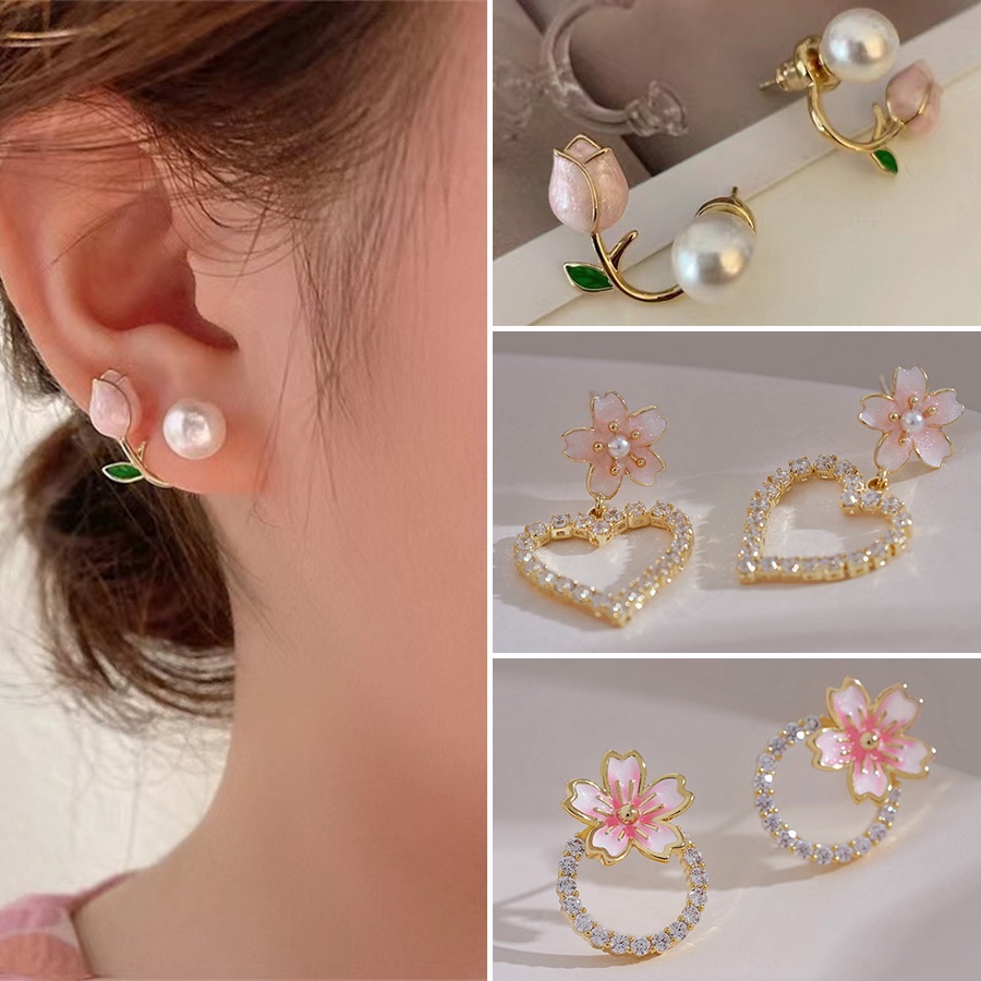 Anting Stud 925 Silver Bentuk Bunga Tulip Hias Mutiara Berlian Gaya Korea Untuk Wanita