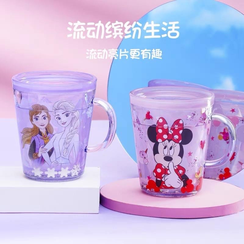 GELAS MINUM ANAK 260ML BAHAN AS BPA FREE DISNEY MOTIF MICKEY ELSA DENGAN AIR SEQUIN MANIK - MANIK