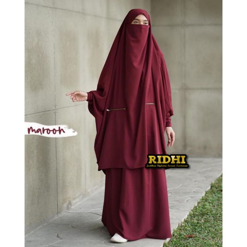 Set Setelan French khimar Kantong Zipper kancing exclusive Cadar instan baju muslimah Dewasa Syar'i 