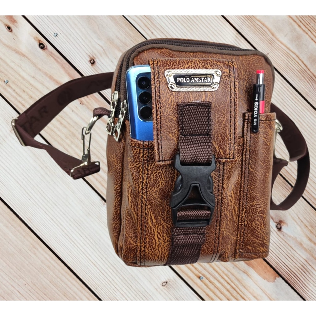 Tas Selempang Pria Tas HP Tas Smartphone Tas Kulit PU Leather Original Polo Amstar