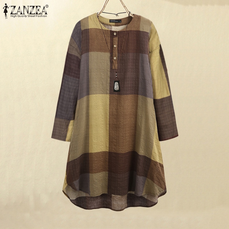 ZANZEA Women Long Sleeve O-Neck Buttons Front Plaid Printing Loose Midi Dress