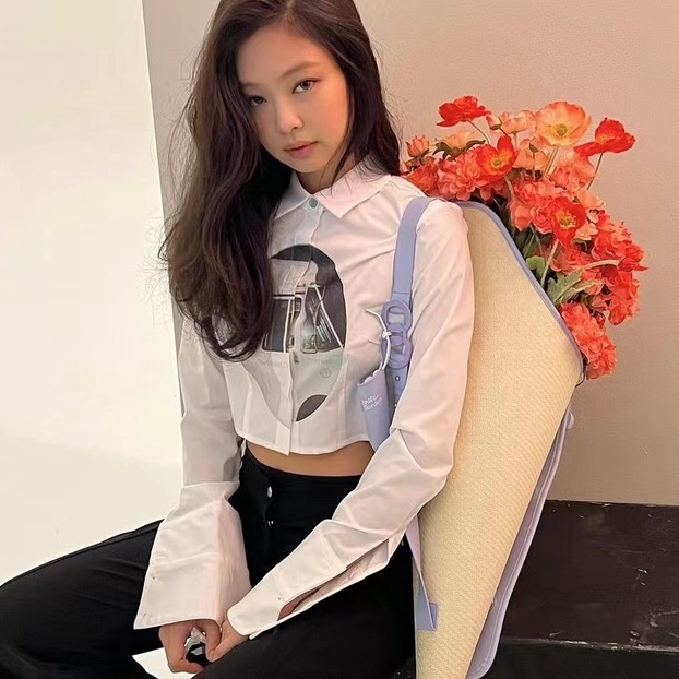 【AMY J】Jennie style Long-Sleeved Shirt Casual Cotton Crop midriff Top 7360