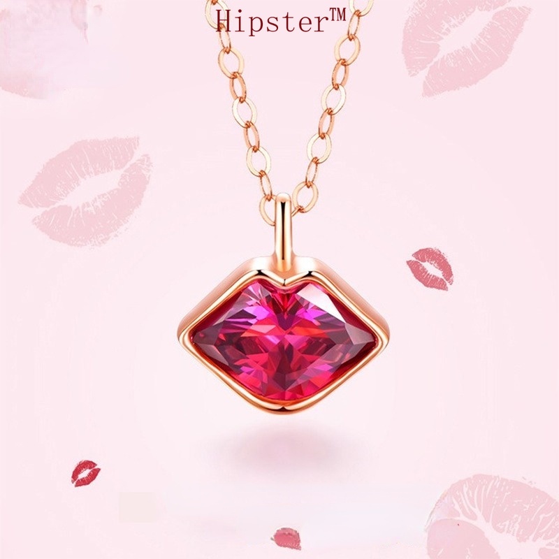 Creative Design Romantic Couple Kiss Red Lips Inlaid Natural Ruby Pendant Rose Gold Necklace