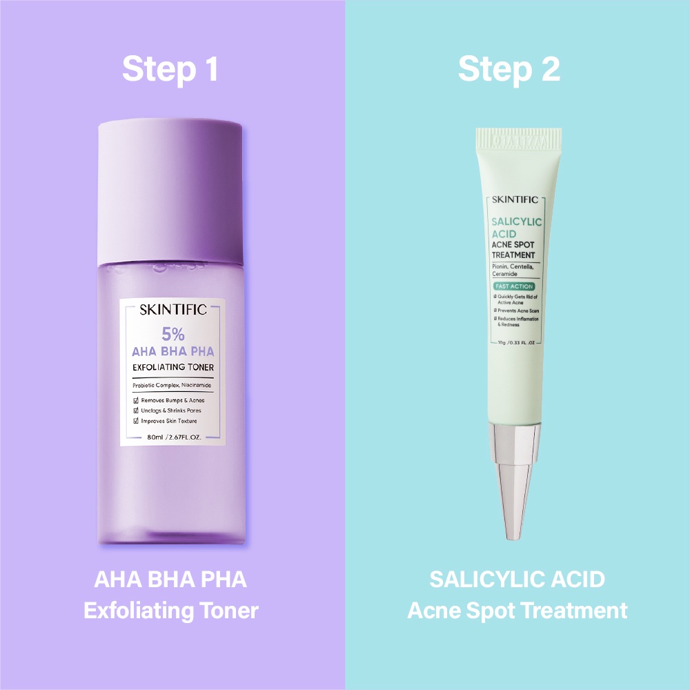 SKINTIFIC 2% Salicylic ACID Acne Spot Treatment Gel &amp; 5%AHA BHA PHA Exfoliating Toner (Bye Acne Kit)