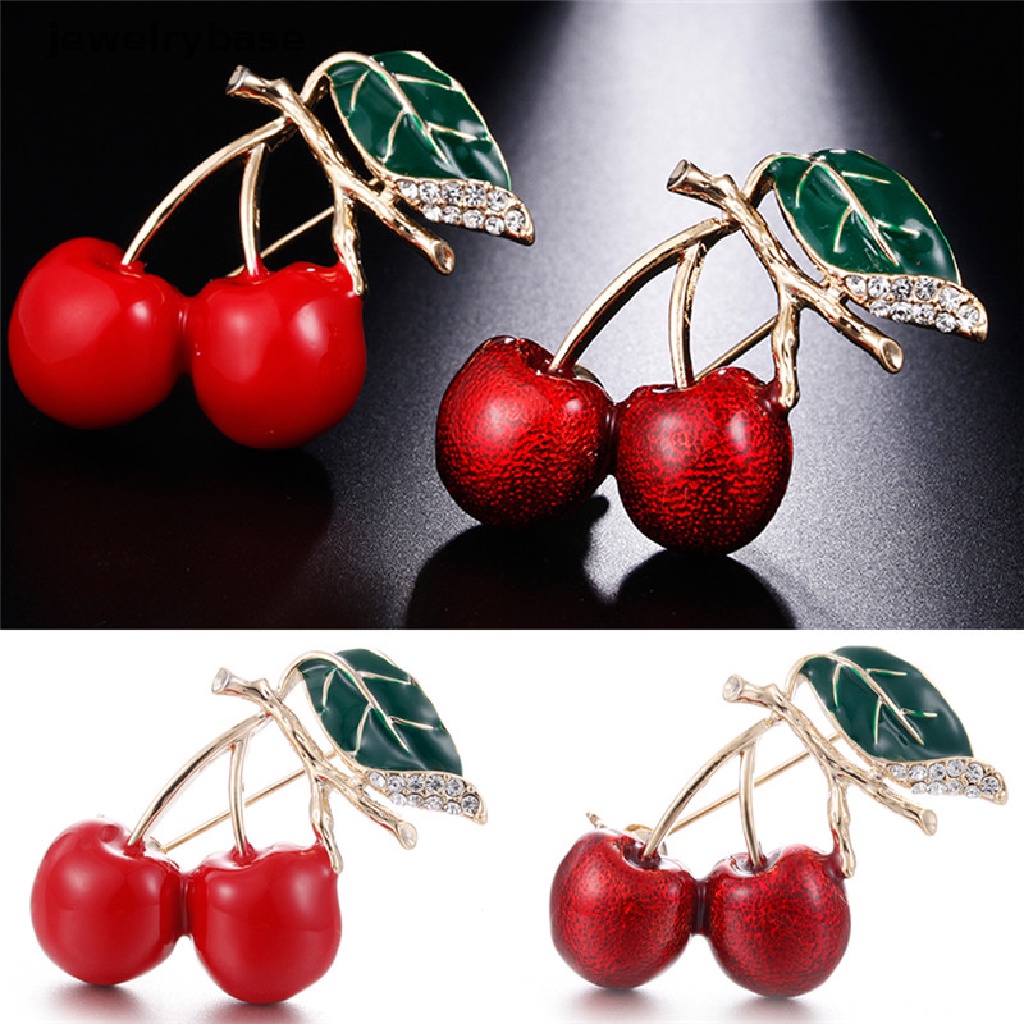 Bros Pin Enamel Bentuk Cherry Merah Bahan Metal Aksen Kristal Untuk Sweater