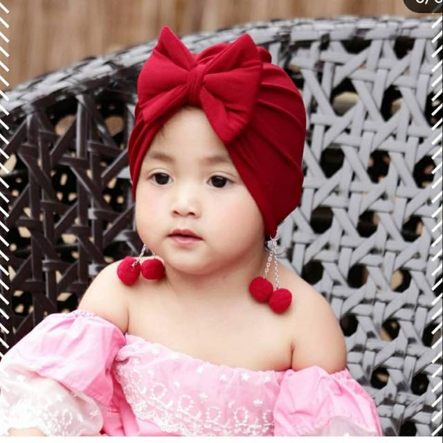 TURBAN BAYI CEWEK MODEL ANTING DASI KUPU KUPU - Ciput Bayi Cewek Kupluk Warna Polos Model Anting Dasi Kupu Kupu