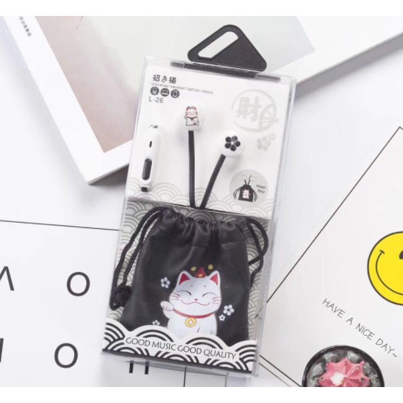 [L-26] Headset Earphone Kartun KUCING Keberuntungan / Wadah Earphone Pouch Gambar Lucky CAT Kucing Cina