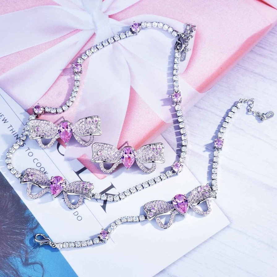 Set Kalung Choker Gelang Anting Berlian Zirkon Warna Pink Bahan Stainless Untuk Aksesoris